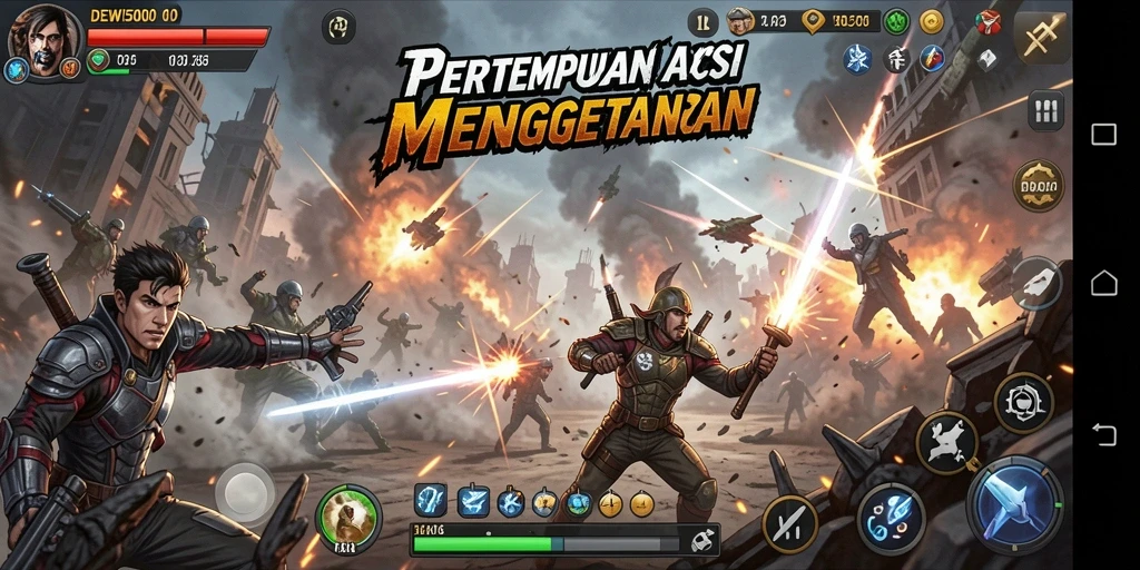 Screenshot gameplay epic dari DEWI5000 menunjukkan pertempuran yang intens.