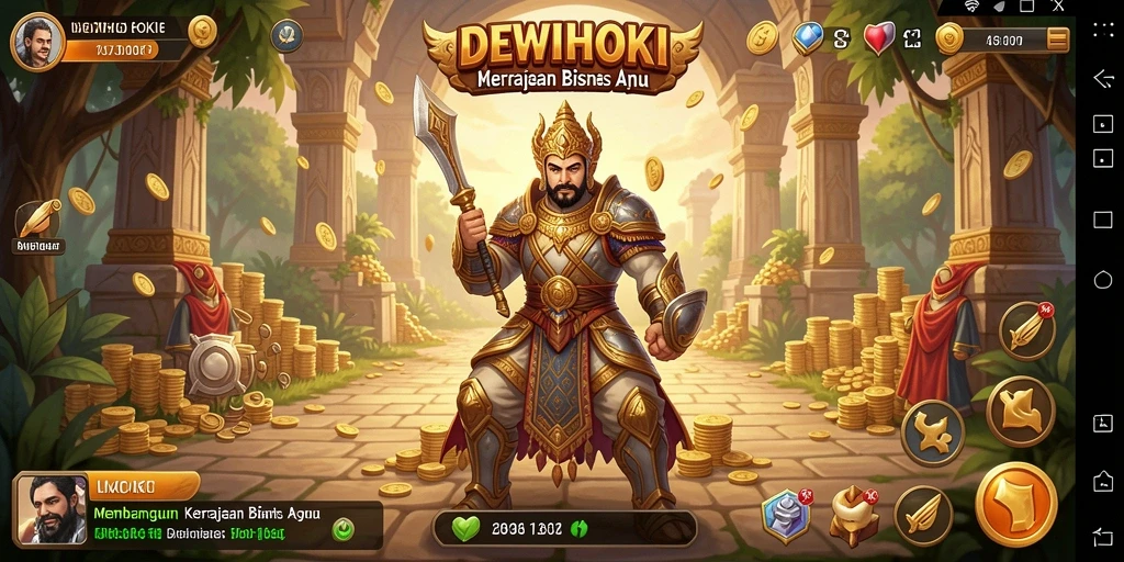 Tangkapan layar gameplay DEWIHOKI yang menggambarkan aktivitas manajemen bisnis.