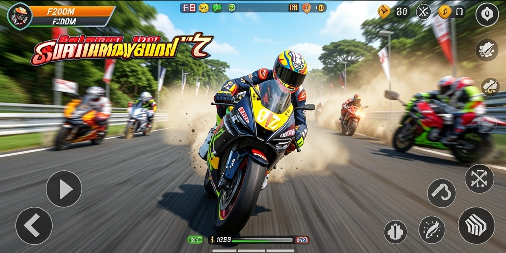 Gameplay F200M dengan aksi balapan yang intens.