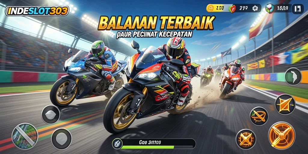 Tampilan gameplay INDESLOT303 yang mendebarkan dan penuh aksi balapan motor.