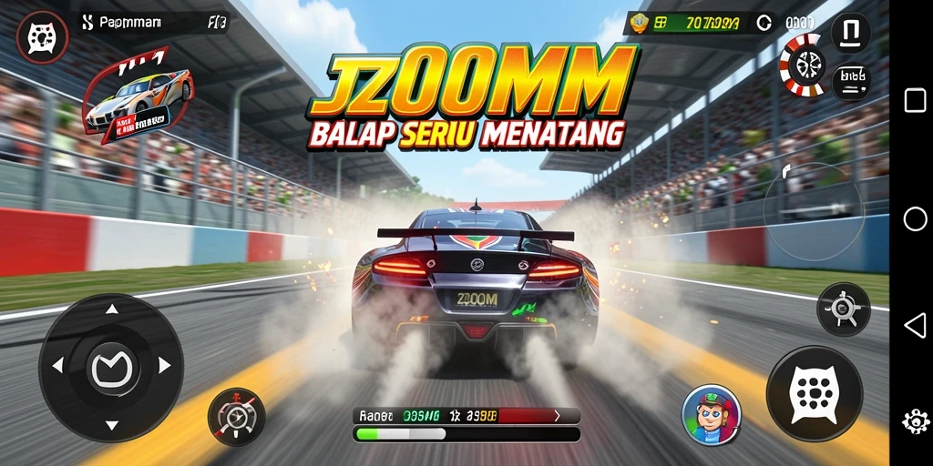 Tangkapan layar utama menunjukkan balapan mendebarkan dalam J200M.
