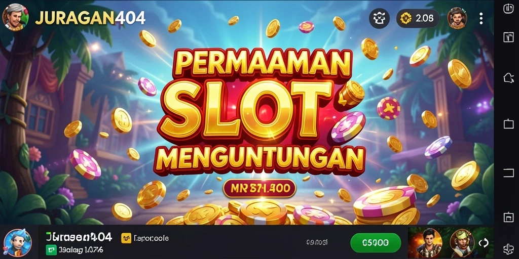 Tampilan gameplay JURAGAN404 dengan simbol slot yang berwarna-warni dan fitur bonus.
