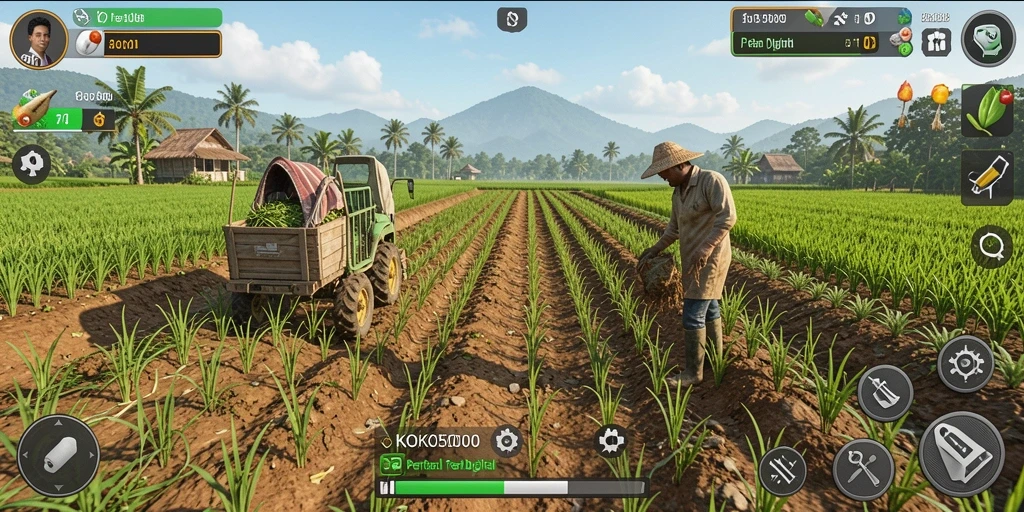 Tangkapan layar KOKO5000 menampilkan ladang yang subur dan beragam tanaman.