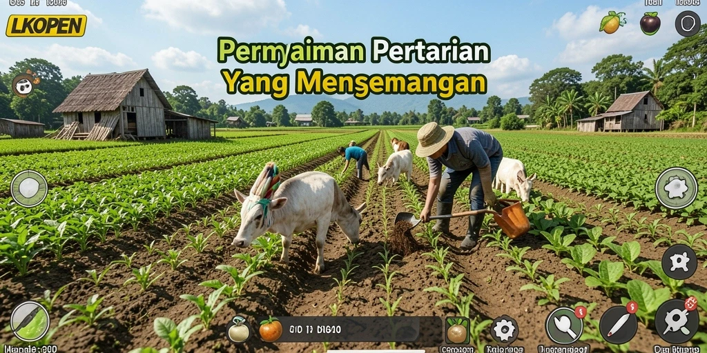 Tampilan gameplay LKOPEN menunjukkan aktivitas pertanian yang menyenangkan.