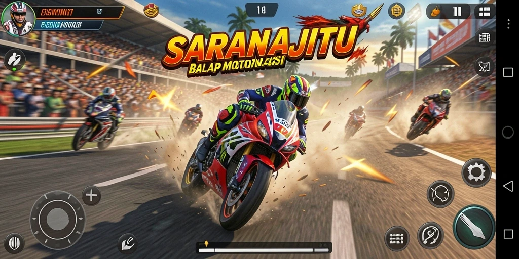 Tampilan gameplay SARANAJITU menunjukkan aksi balap motor yang mendebarkan.